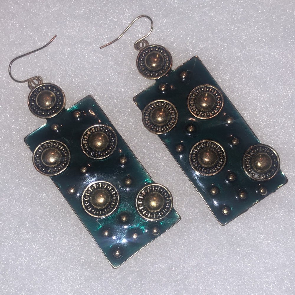 2/$20❗️Green + Copper Tone Accent 2” Rectangle Dangle Drop Statement Earrings